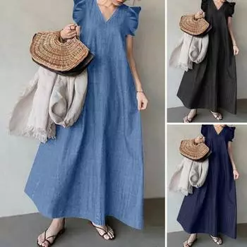 Летнее платье макси, сплошное цветное платье с рюшами и V-образным вырезом, свободный подол, платье большого размера с короткими рукавами, джинсовое платье трапециевидной формы для летних каникул, женская одежда M темно-синий