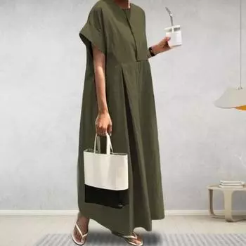 Летнее платье макси, свободное плиссированное платье с круглым вырезом и короткими рукавами, чистый цвет, большие размеры, повседневная одежда, женское платье макси M светло-серый