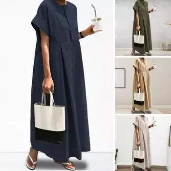 Летнее платье макси Свободные плиссированные с круглым вырезом с короткими рукавами Чистый цвет Плюс Размер ПР На работу Повседневные M светло-серый