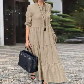 Летнее платье макси Свободный воротник-стойка А-силуэта Плиссированные длинные рукава Чистый цвет с рюшами в стиле пэчворк OL Повседневная одежда Женский пуловер Длинное платье 3XL чёрный