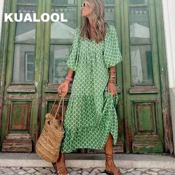 Летнее платье макси в стиле бохо с пышными рукавами, женское элегантное платье 2024, повседневное повседневное платье с цветочным принтом и v-образным вырезом, свободные праздничные пляжные платья, вечерние платья