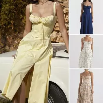 Летнее платье миди с глубоким вырезом и рукавами с открытой спиной и цветочным принтом, высокой узкой талией и высоким разрезом, для выпускного вечера M абрикосовый