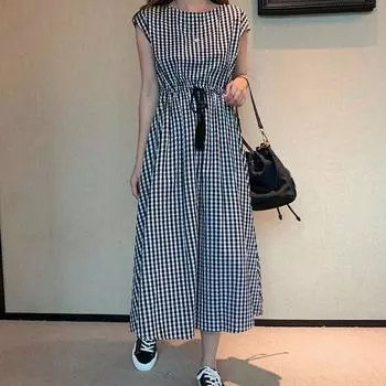 Летнее платье миди с круглым вырезом и короткими рукавами, завязка на талии, плотный свободный подол, однотонное пляжное платье, уличная одежда M темно-зеленого