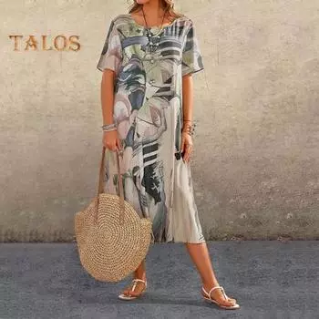 Летнее платье-миди с круглым вырезом и нерегулярным принтом, с коротким рукавом, трапециевидной формы, со свободным подолом, до середины икры, пуловер, лоскутное женское повседневное длинное платье на каждый день L жёлтый