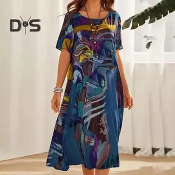 Летнее платье-миди с круглым вырезом и нерегулярным принтом, с коротким рукавом, трапециевидной формы, со свободным подолом, до середины икры, пуловер, лоскутное женское повседневное длинное платье на каждый день L жёлтый