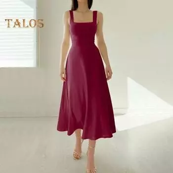 Летнее платье миди с квадратным вырезом, без рукавов, струящееся подол, с открытой спиной, однотонное, с высокой талией, платье миди для свиданий, выпускного вечера, вечеринки L чёрный