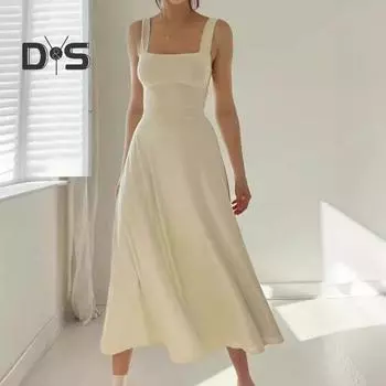 Летнее платье миди с квадратным вырезом, без рукавов, струящееся подол, с открытой спиной, однотонное, с высокой талией, платье миди для свиданий, выпускного вечера, вечеринки L абрикосовый