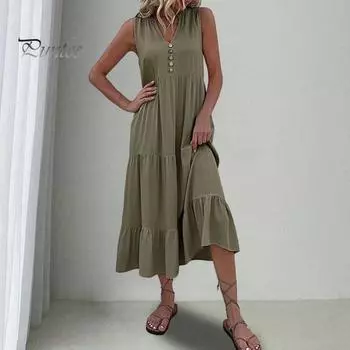 Летнее платье миди с V-образным вырезом, плиссированным лоскутным подолом, трапециевидной формы без рукавов, однотонный декор с пуговицами, свободное до середины икры, пляжное женское длинное платье для отпуска 3XL армия зеленый
