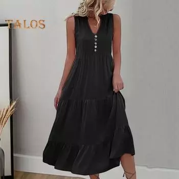 Летнее платье миди с V-образным вырезом, плиссированным лоскутным подолом, трапециевидной формы без рукавов, однотонный декор с пуговицами, свободное до середины икры, пляжное женское длинное платье для отпуска 3XL армия зеленый