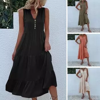 Летнее платье миди с V-образным вырезом, плиссированным лоскутным подолом, трапециевидной формы без рукавов, однотонный декор с пуговицами, свободное до середины икры, пляжное женское длинное платье для отпуска 3XL армия зеленый