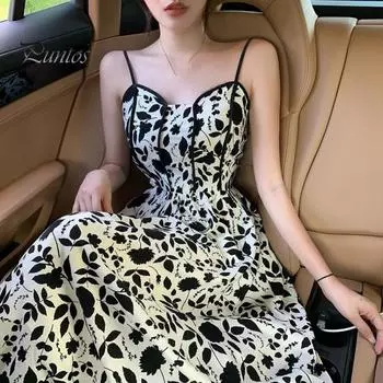 Летнее платье миди с v-образным вырезом без рукавов и цветочным принтом, платье на бретельках с высокой талией, элегантное винтажное платье, уличная одежда 2XL чёрный