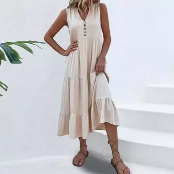 Летнее платье миди с V-образным вырезом, плиссированным лоскутным подолом, трапециевидной формы без рукавов, однотонный декор с пуговицами, свободное до середины икры, пляжное женское длинное платье для отпуска 3XL армия зеленый