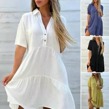 Летнее платье миди с V-образным вырезом, лоскутным подолом, свободным А-силуэтом, короткими рукавами, плиссированным однотонным платьем длиной до колена для пляжных вечеринок и свиданий M
