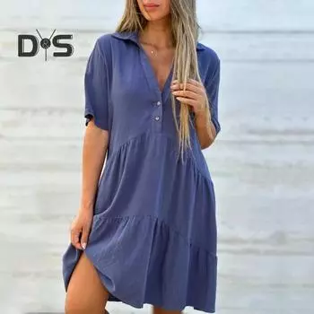 Летнее платье миди с V-образным вырезом, лоскутным подолом, свободным А-силуэтом, короткими рукавами, плиссированным однотонным платьем длиной до колена для пляжных вечеринок и свиданий M зелёный/жёлтый