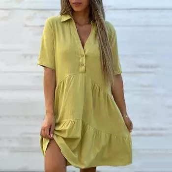 Летнее платье миди с V-образным вырезом, лоскутным подолом, свободным трапециевидным силуэтом, короткими рукавами, плиссированным, однотонным M чёрный