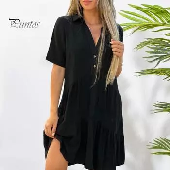 Летнее платье миди с V-образным вырезом, лоскутным подолом, свободным А-силуэтом, короткими рукавами, плиссированным однотонным платьем длиной до колена для пляжных вечеринок и свиданий M чёрный