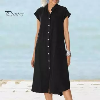 Летнее платье миди с воротником-стойкой, застежкой на пуговицы, коротким рукавом, свободным платьем длиной до икры, однотонное повседневное платье с карманом S вино красного