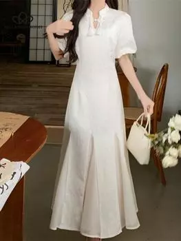 Летнее платье миди в китайском стиле больших размеров, винтажное элегантное платье феи с оборками, корейское сетчатое праздничное платье Cheongsam M бежевый