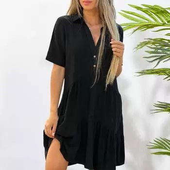 Летнее платье миди Yousheng с V-образным вырезом, лоскутным подолом, свободным трапециевидным силуэтом, короткими рукавами, плиссированным однотонным платьем длиной до колена для пляжных вечеринок и свиданий M