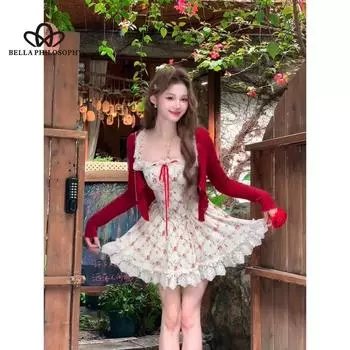 Летнее платье милого дизайна с цветочным принтом, женское темпераментное платье на подтяжках, красный вязаный кардиган с длинными рукавами, костюм из двух предметов S белый