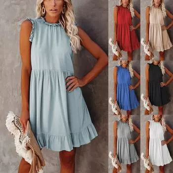 Летнее платье, модное пляжное мини-платье без рукавов с оборками, женское летнее свободное повседневное платье, женские черные платья для женщин, Robe Femme S светло-синий
