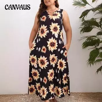 Летнее платье Модные женские платья больших размеров с принтом подсолнухов 1XL чёрный