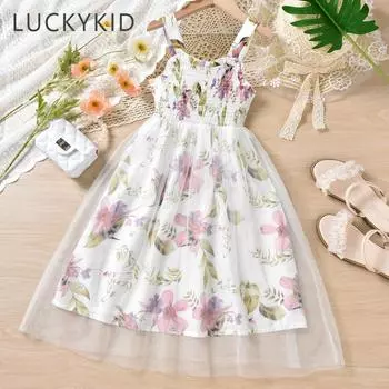 Летнее платье на бретельках с цветочным принтом для девочек, сетчатое лоскутное платье-комбинация с кружевной отделкой и поясом, детская одежда 7-8Y белый