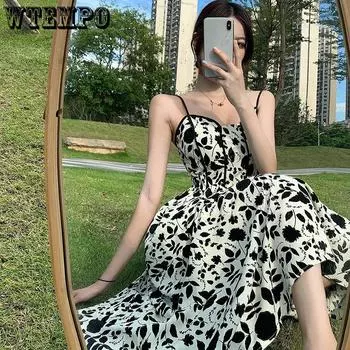 Летнее платье на подтяжках, женское летнее длинное платье с цветочным принтом, женское платье с v-образным вырезом и талией, юбка трапециевидной формы с высокой талией S чёрный