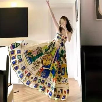 Летнее платье на тонких бретельках с принтом каракулей для женщин в винтажном стиле для отпуска, пляжная юбка с завязкой на талии, ретро-платье в стиле бохо L разноцветный