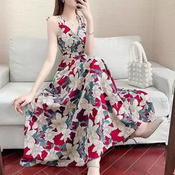 Летнее платье-накидка с открытой спиной в корейском стиле с цветочным принтом 2022 года — сексуальная, облегающая и стильная длинная юбка XL цветочный/зелёный
