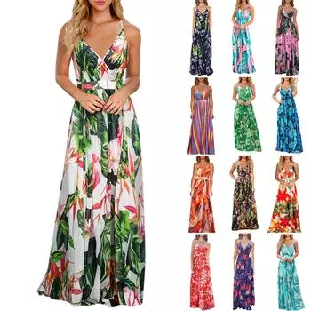 Летнее платье Платье Женское платье Пляжная юбка Юбка с поясом и принтом Платье с перекрестными бретелями Платье-жилет с v-образным вырезом L чёрный