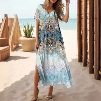 Летнее платье Пляжное платье Элегантное платье с V-образным вырезом и короткими рукавами с односторонним разрезом и принтом S