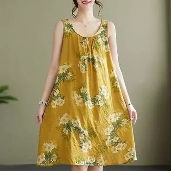 Летнее платье Plus Artistic Loose без рукавов с круглым вырезом и принтом на подтяжках А-силуэта для женщин L жёлтый