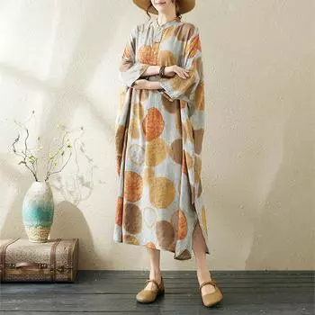 Летнее платье Plus Artistic Retro Loose Printed с воротником-стойкой и рукавами семь четвертей для женщин One Size