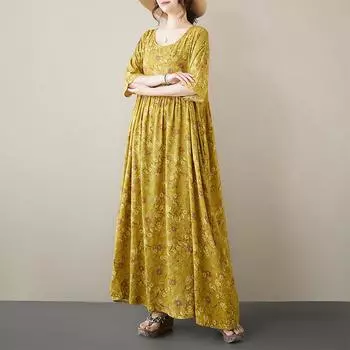 Летнее платье Plus Artistic Retro с круглым вырезом и короткими рукавами, повседневные платья для женщин M