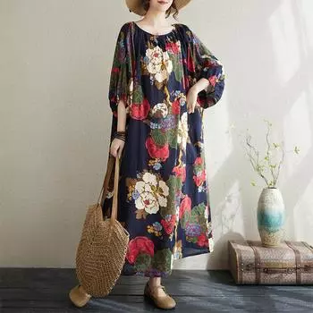 Летнее платье Plus Artistic с принтом, свободным круглым вырезом и рукавом семь четвертей для женщин, длинное One size