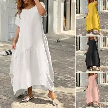 Летнее платье, повседневная одежда, женское платье, однотонное, свободное, с круглым вырезом и короткими рукавами XXXXXL белый