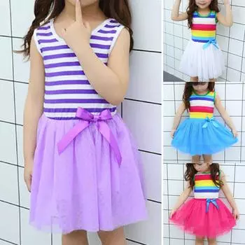 Летнее платье принцессы без рукавов для девочек, детские полосатые лоскутные сетчатые платья 100 белый