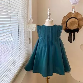 Летнее платье принцессы бирюзового цвета с сетчатой строчкой и большой юбкой без рукавов 90cm бирюзовый