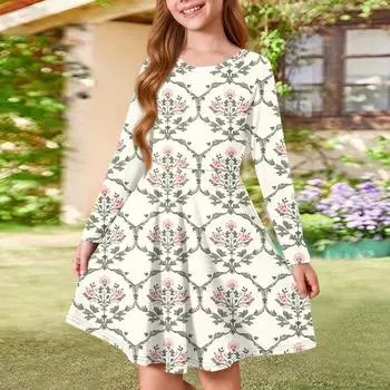 Летнее платье принцессы для девочек - платье-футболка А-силуэта с длинными рукавами 110 бежевый