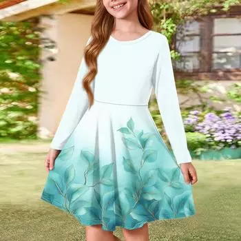 Летнее платье принцессы для девочек - платье-футболка А-силуэта с длинными рукавами 110 зелёный