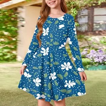 Летнее платье принцессы для девочек - платье-футболка А-силуэта с длинными рукавами 110 синий