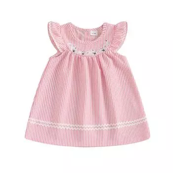 Летнее платье принцессы для маленьких девочек с рукавами-крылышками и вышивкой в виде кролика, полосатые платья А-силуэта 6-12 Months розовый