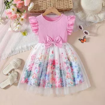 Летнее платье принцессы из сетки с короткими рукавами и бантом на талии для девочек 90cm (1-2 years)