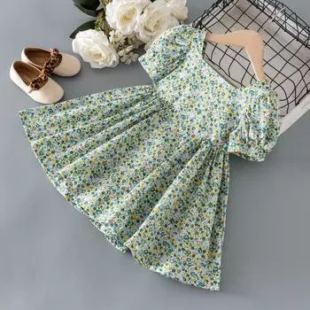 Летнее платье принцессы с цветочным принтом: Короткий рукав из хлопка в корейском стиле для девочек 80 зелёный