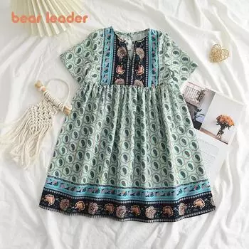 Летнее платье принцессы с цветочным принтом и короткими рукавами для девочек в богемном стиле для детей 4-7 лет, детская повседневная одежда AM1631 4Y