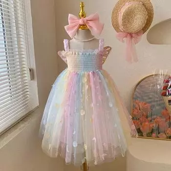 Летнее платье принцессы с принтом эльфа и бабочки, радужное, для девочек 90cm разноцветный