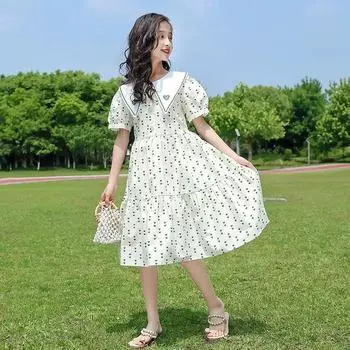 Летнее платье принцессы в западном стиле с цветочным принтом и рукавами-фонариками для девочек 160 cm зелёный