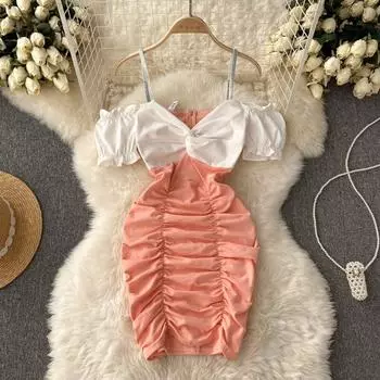 Летнее платье Pure Desire Style Нишевый дизайн Sense Contrast Color Bubble Платье с короткими рукавами и талией Плиссированное бедро