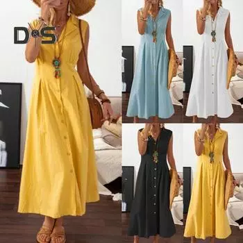 Летнее платье-рубашка без рукавов с V-образным вырезом и лацканами, однобортное облегающее платье миди с высокой талией, однотонное платье-комбинезон, рабочая одежда 3XL белый